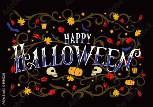 Halloween Happy. Beautiful lettering with a pattern. Festive greeting card. Vector graphics