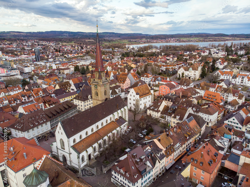 Aerial Still Shot of South German City Radolfzell near Lake Constance at March at Cloudy Weather