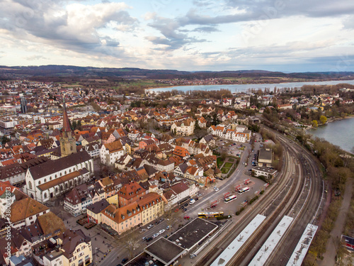 Aerial Still Shot of South German City Radolfzell near Lake Constance at March at Cloudy Weather