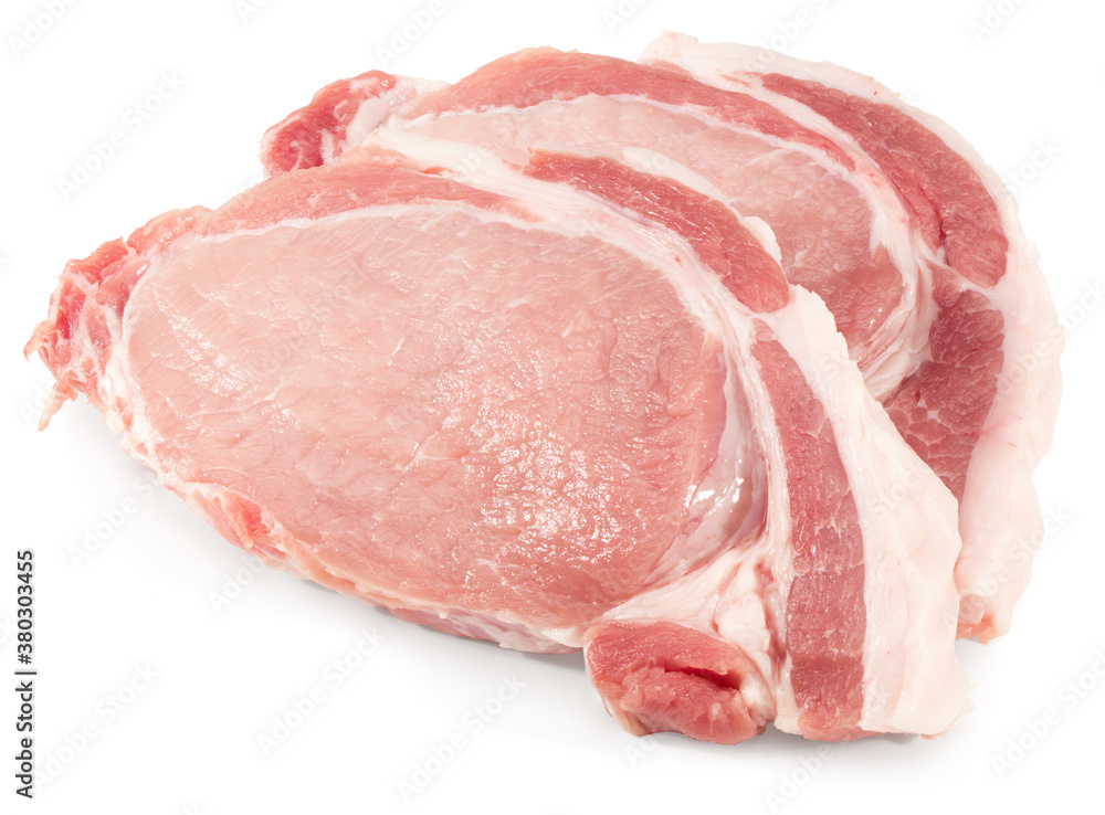 sliced raw pork meat isolated on white background. with clipping path. full depth of field. sliced raw pork meat isolated on white background. with clipping path. full depth of field.