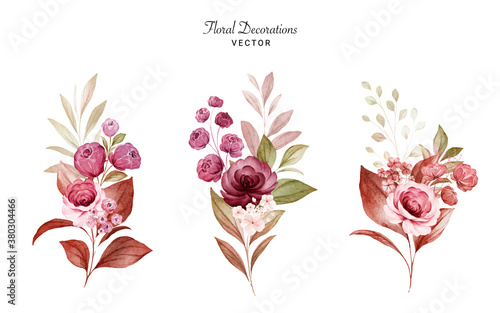 Set of watercolor floral arrangements of burgundy and peach roses and leaves. Botanic decoration illustration for wedding card, fabric, and logo composition