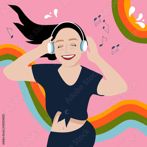 Happy caucasian young woman is listening to favourite music in headphones and smiling.Girl is dancing.Melomaniac,fan.Rainbows and notes are on background.Poster for acoustic bar,club,concert placard