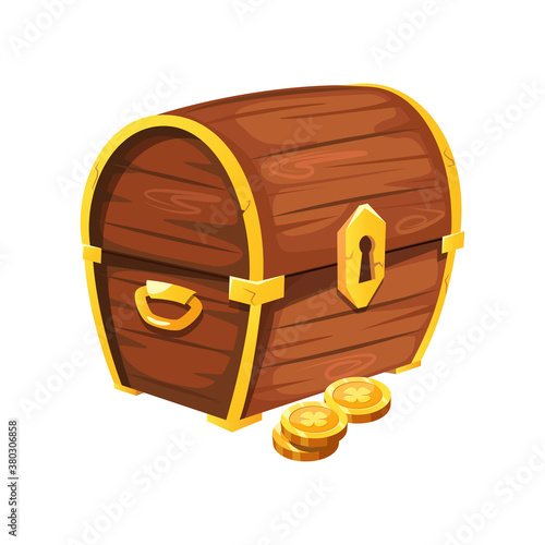 Vintage wooden chest with goldens coins. Pirate coffer with gold.