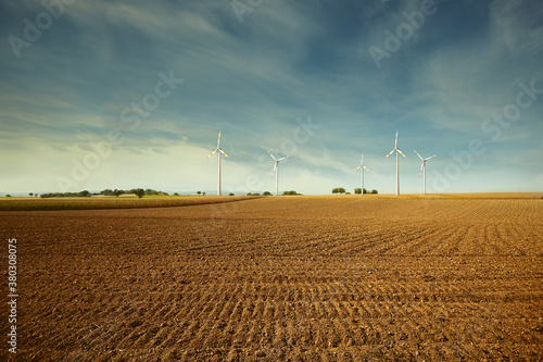 wind turbine on a cornfield,Windkraftanlage auf einen Kornfeld