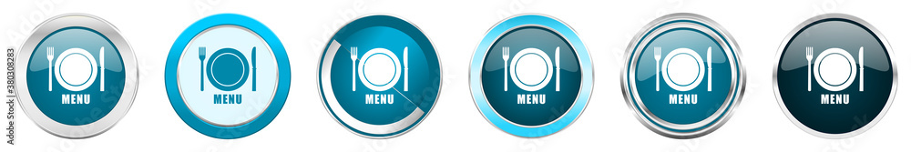 Menu silver metallic chrome border icons in 6 options, set of web blue round buttons isolated on white background