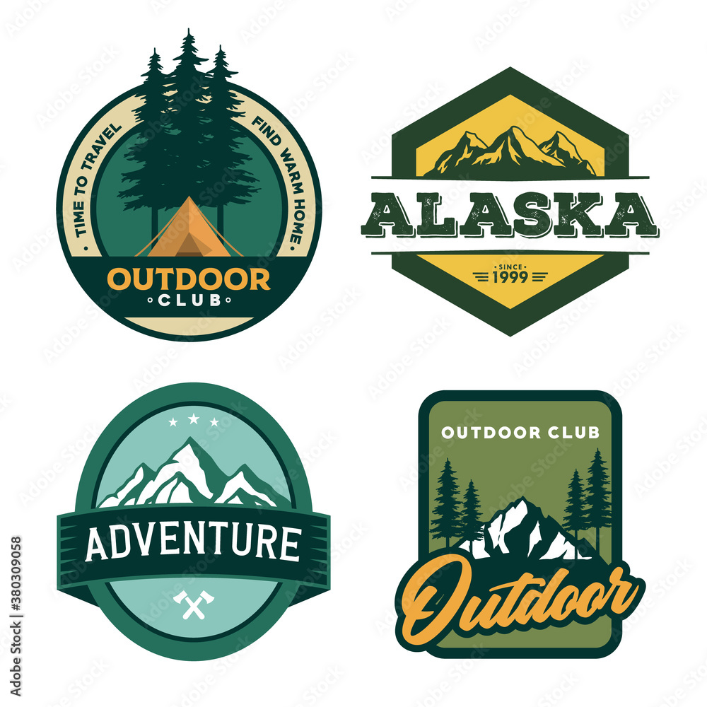 Vintage hand drawn travel badges set. Camping labels concepts. Mountain  expedition logo designs. Outdoor hike emblems. Camp logotypes collection.  Stock vector patches isolated on white background., Stock vector