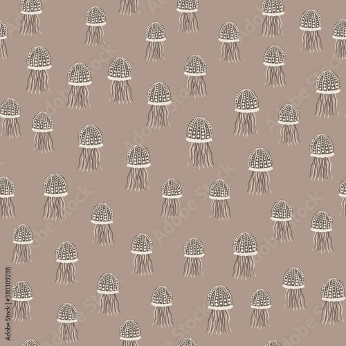 Random little jellyfish ornament seamless pattern. Marine underwater print in beige palette. Simple plankton backdrop.