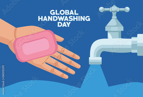 global handwashing day campaign with hand using soap bar and water faucet