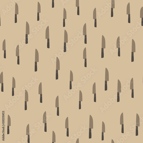Seamless pattern with little knife silhouettes. Stylized kitchen print on beige background. Cooking tools backdrop.