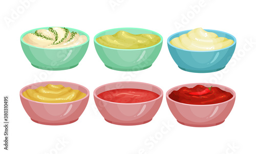 Different Sauces as Liquid or Cream Food Served in Bowls Vector Set