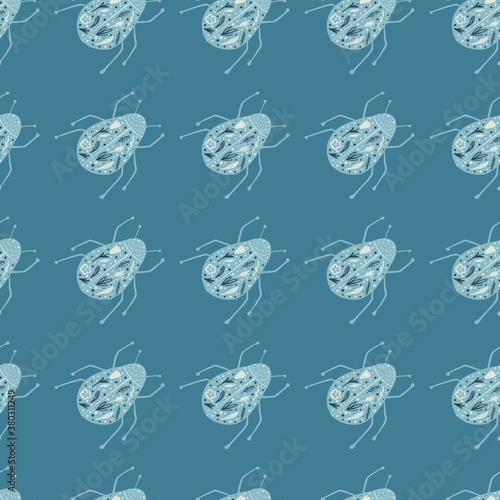 Wildlife seamless doodle pattern with folk bugs silhouettes. Blue colors palette insect print. Nature simple backdrop.
