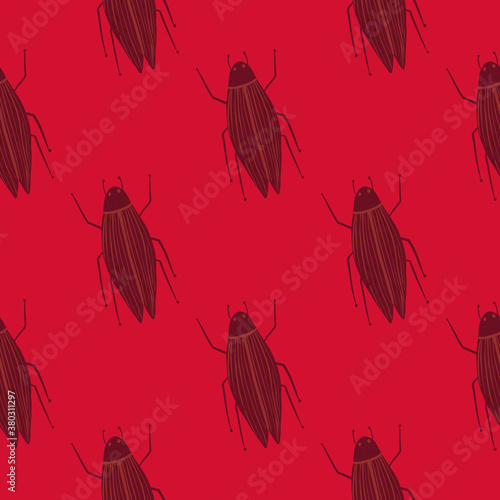 Seamless pattern with insects doodle silhouttes. Red and maroon colored bugs ornament. Nature wildlife backdrop.