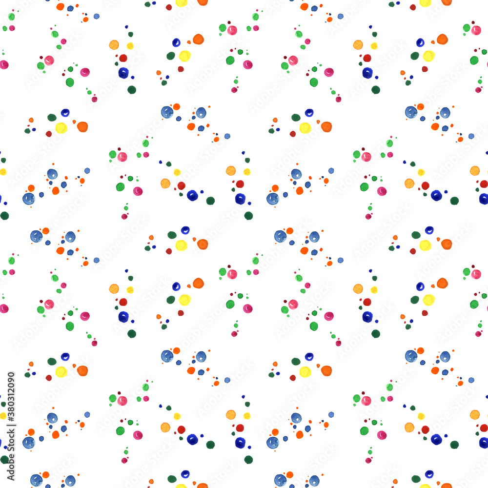 Seamless pattern with painted polka dot texture. Rainbow watercolor illustration