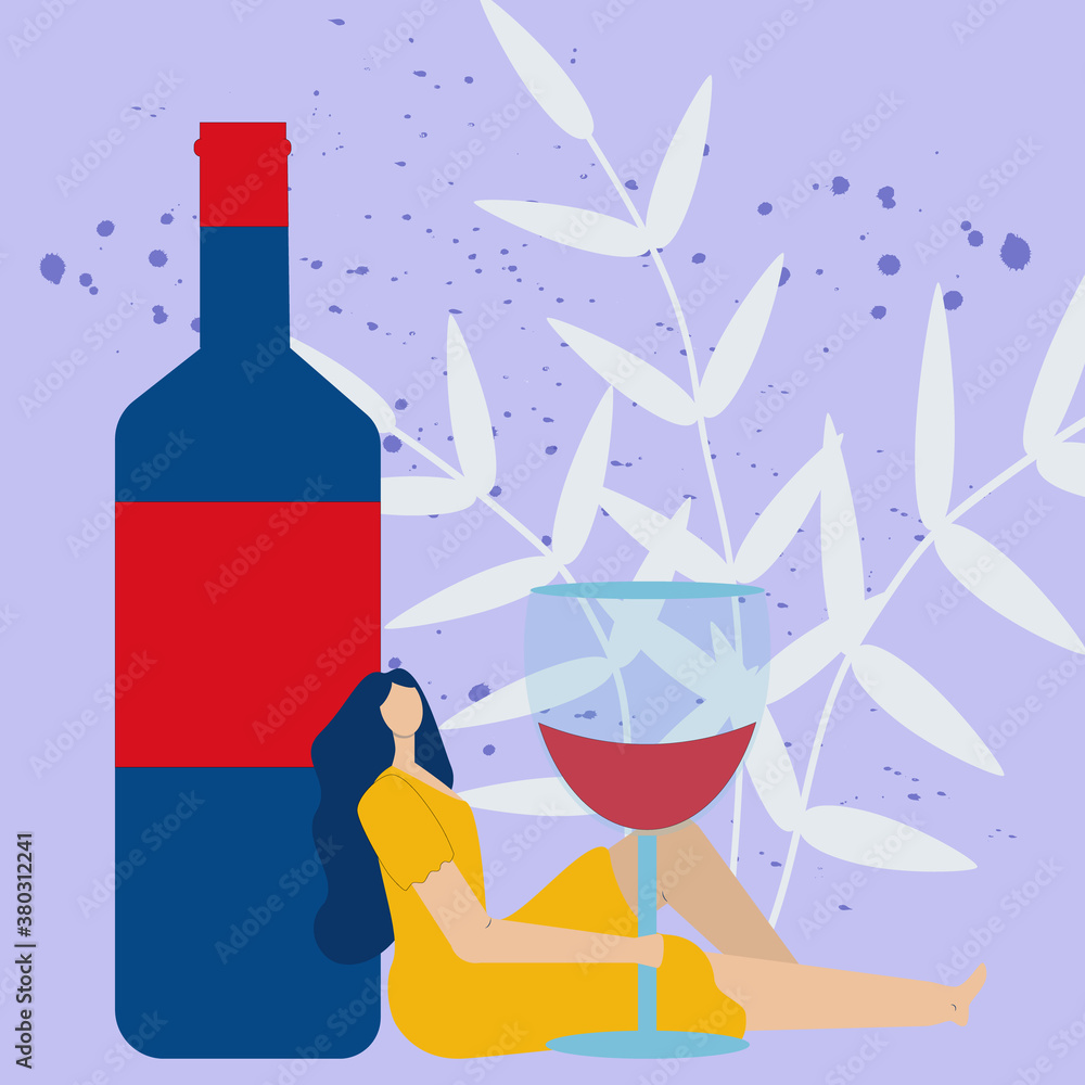 Beautiful woman in yellow dress drink wine lean on bottle. Wine lover cartoon flat illustration for typography poster, print design, bar, cafe, menu or wine shop decoration Beautiful woman in yellow dress drink wine lean on bottle. Wine lover cartoon flat illustration for typography poster, print design, bar, cafe, menu or wine shop decoration