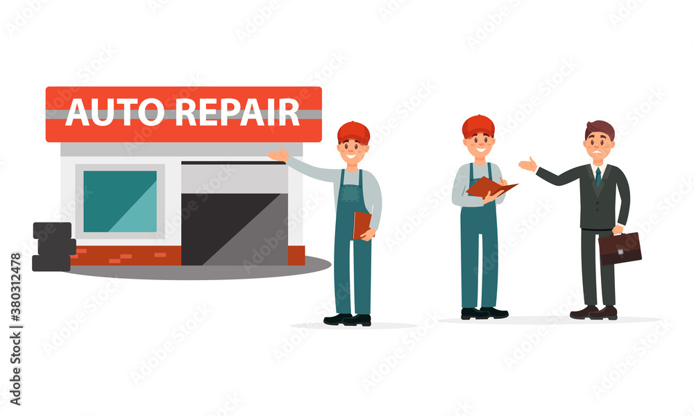 Man Car or Auto Mechanic Talking with Customer Near Garage Vector Illustration Set Man Car or Auto Mechanic Talking with Customer Near Garage Vector Illustration Set