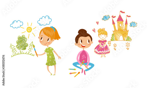 Smiling Girl Drawing Forest and Castle with Hair Pencil on the Wall Vector Illustration Set