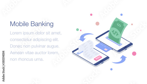 
Mobile banking app in isometric illustration 
