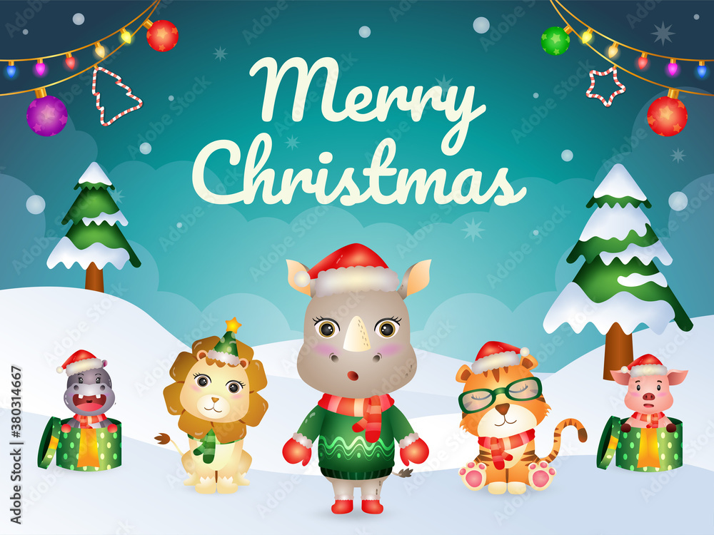 Merry christmas greeting card with cute animals character : rhino, lion, pig, hippo, and tiger