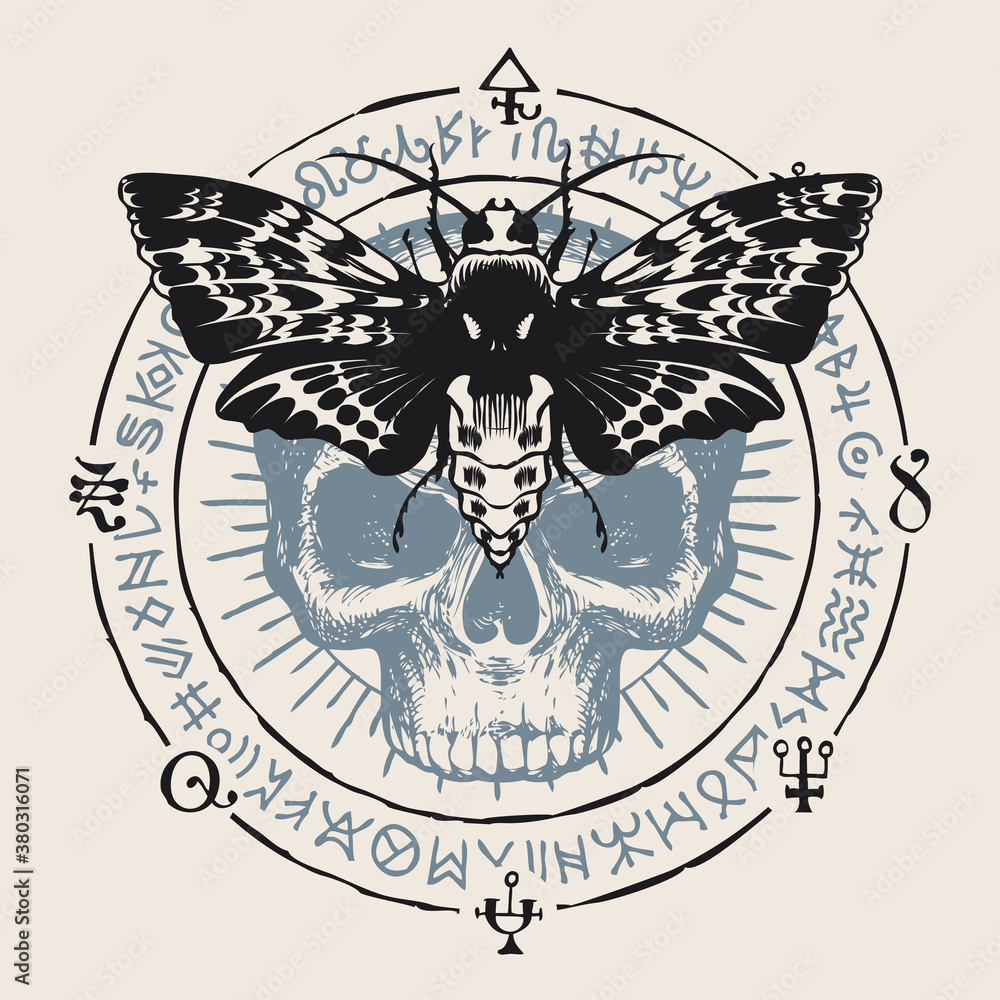 Hand-drawn scary moth with open wings and human skull on a background of magic symbols written in a circle. Witchcraft, occult attributes, alchemical signs. Vector banner with sinister night butterfly Hand-drawn scary moth with open wings and human skull on a background of magic symbols written in a circle. Witchcraft, occult attributes, alchemical signs. Vector banner with sinister night butterfly