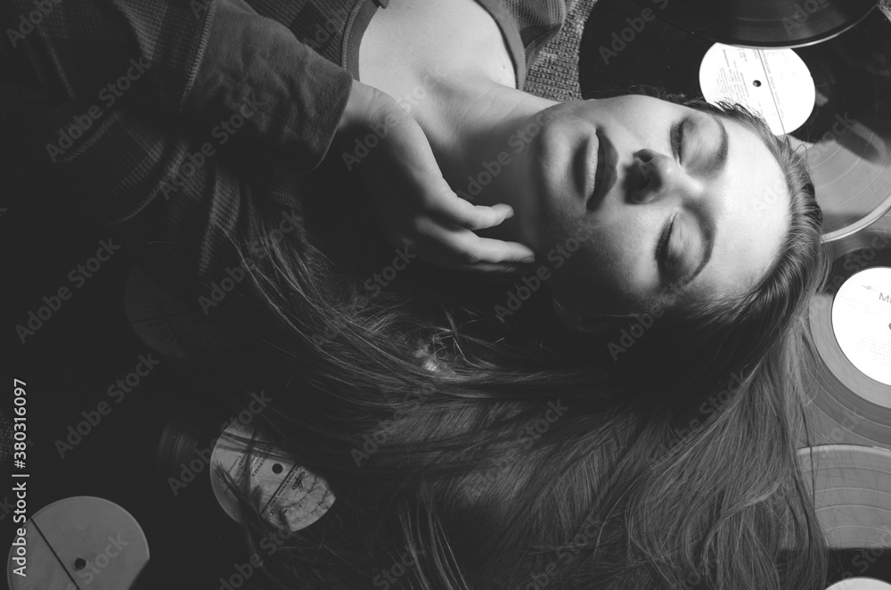 girl lying on the floor in vinyl records girl lying on the floor in vinyl records