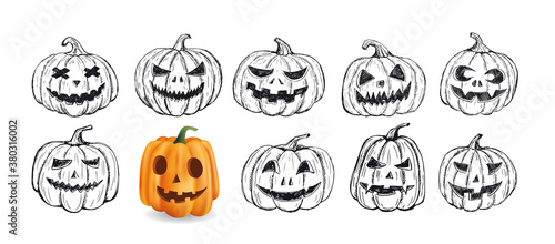 Halloween pumpkin set. Hand drawn illustration.	