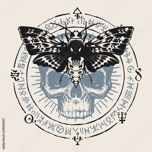 Hand-drawn scary moth with open wings and human skull on a background of magic symbols written in a circle. Witchcraft, occult attributes, alchemical signs. Vector banner with sinister night butterfly