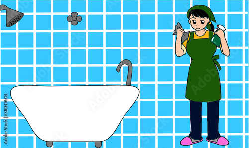 お風呂掃除をする女性