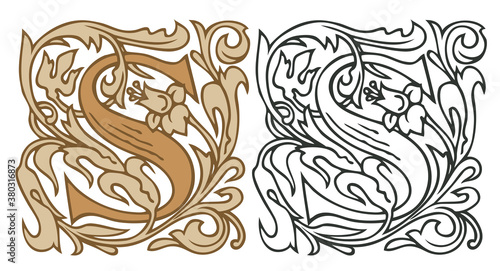 Initial letter S with vintage Baroque decorations. Two vector uppercase letters S in beige and black-white colors. Beautiful filigree capital letter to use for monogram, logo, emblem, card, invitation