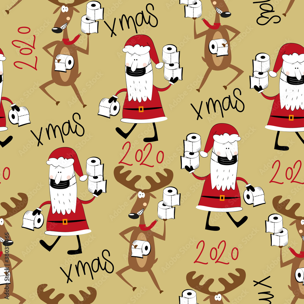 Seamless pattern for Christmas - Funny reindeer and Santa Claus with toilet papers. Good for wrapping paper, textile print, wall paper, poster, card or decoration.