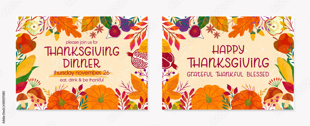 Fototapeta Bundle of Thanksgiving dinner templates with pumpkins,mushrooms,corn,apples,figs,wheat,plants,leaves,berries and floral elements.Holiday invitations design.Trendy autumn vector illustrations.