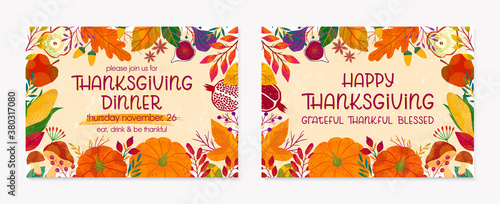 Bundle of Thanksgiving dinner templates with pumpkins,mushrooms,corn,apples,figs,wheat,plants,leaves,berries and floral elements.Holiday invitations design.Trendy autumn vector illustrations.