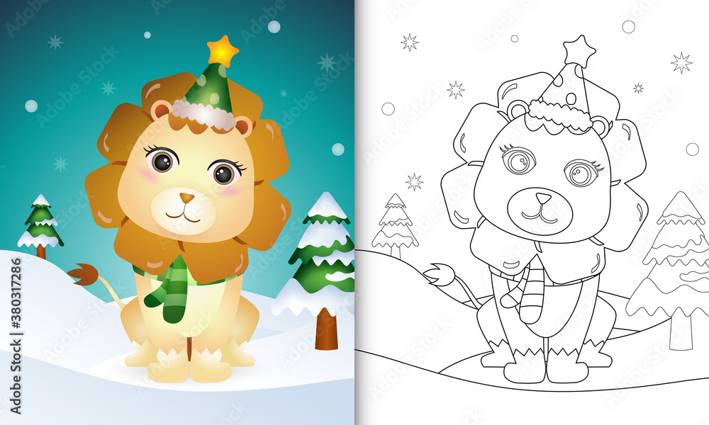 coloring book with a cute lion christmas characters collection with a hat and scarf