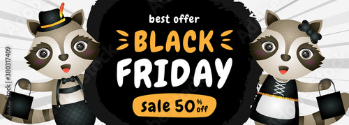 spacial discount black friday sale banner with cute raccoon illustration