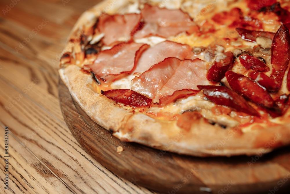 Pizza on wooden table top view. Fast food. Post blog social media. with copy space. Pizza ready to eat Pizza on wooden table top view. Fast food. Post blog social media. with copy space. Pizza ready to eat