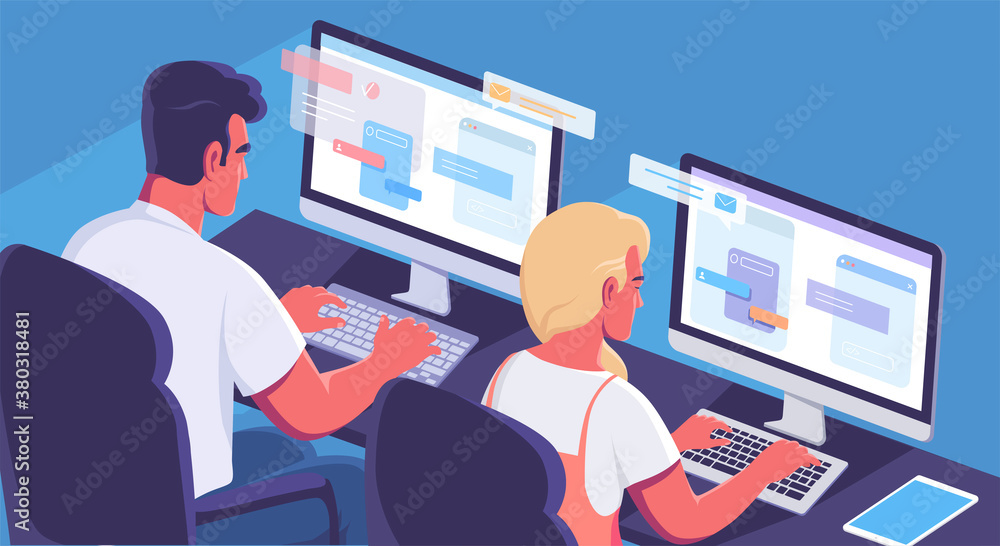 Young people working on computers in the office isometric illustration Young people working on computers in the office isometric illustration
