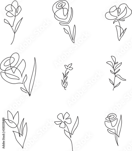 Set of vector one line flowers. Minimalist line art. Continuous contour hand drawn. One line artwork for stylish decor on wall or greeting card