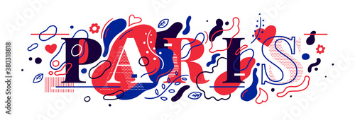 Abstract style Paris banner with typography and hand drawing shapes in color. Vector illustration.