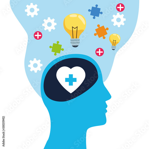 mental health day human profile and heart with bulb idea