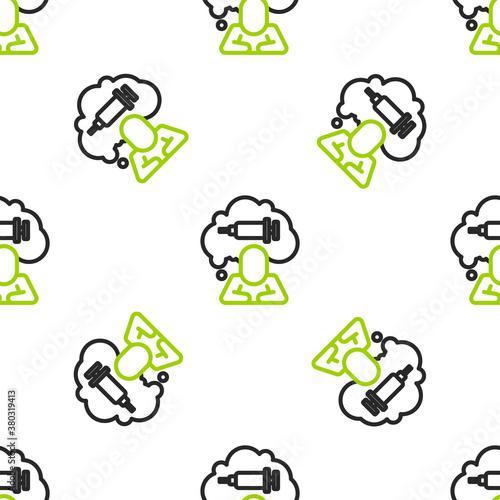 Line Addiction to the drug icon isolated seamless pattern on white background. Heroin, narcotic, addiction, illegal. Sick junkie with a syringe and medical pills. Vector.