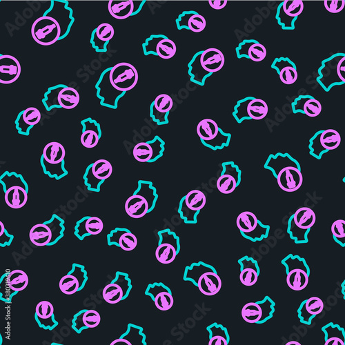 Line Addiction to the drug icon isolated seamless pattern on black background. Heroin, narcotic, addiction, illegal. Sick junkie with a syringe and medical pills. Vector.