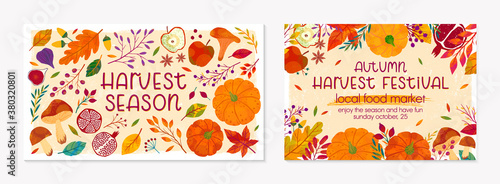 Bundle of autumn harvest fest banners with pumpkins,mushrooms,eggplant,apple,zucchini,tomatoes,corn,beet,berries and floral elements.Local food fest design.Agricultural fair.Harvest season.