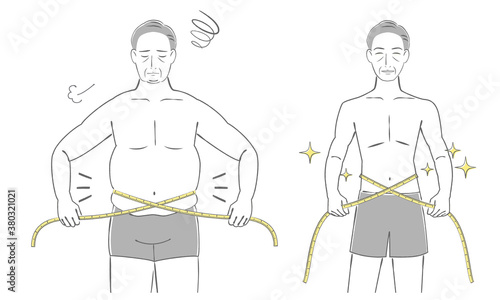 メジャーでウエストを測る中年の男性のイラスト　beforeafter