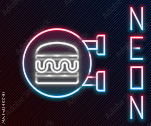 Glowing neon line Online ordering and burger delivery icon isolated on black background. Colorful outline concept. Vector.