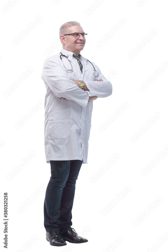 side view. smiling experienced doctor looking ahead side view. smiling experienced doctor looking ahead