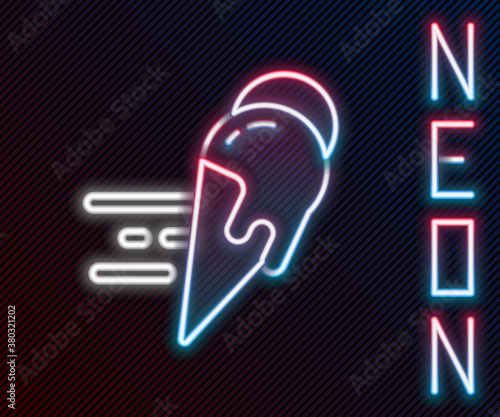 Glowing neon line Online ordering and ice cream in waffle cone icon isolated on black background. Sweet symbol. Colorful outline concept. Vector.