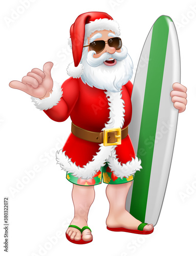 Christmas cartoon of Santa Claus in sunglasses shades with his surfboard doing a Shaka hand sign