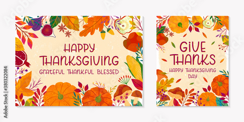 Thanksgiving postes with leaves and floral elements in fall colors.Greetings cards perfect for prints; flyers; banners; invitations.Trendy fall designs.Vector autumn illustrations