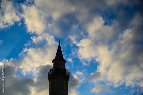 The setting sun shines on the minaret of the Ar-Rahma mosque in Kyiv, Ukraine