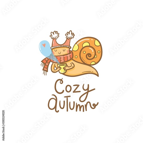 Autumn card with cute cartoon snail. Funny animal with cup of tea. Vector contour image no fill.