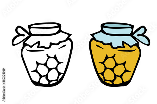 vector hand-drawn jar of honey. isolated on a white background. food graphic icon. coloring book with a color example.